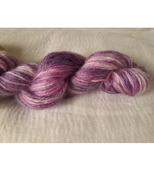 hand dyed yarn, mohair yarn, non synthetic yarn, pink yarn, purple yarn.