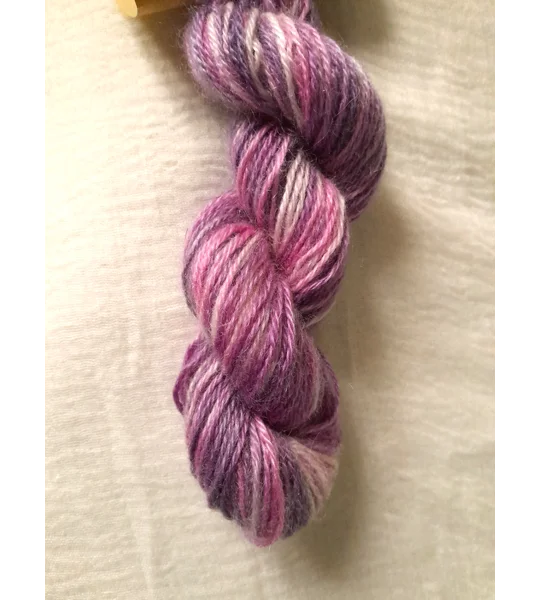 hand dyed yarn, mohair yarn, non synthetic yarn, pink yarn, purple yarn.