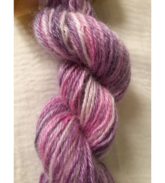 hand dyed yarn, mohair yarn, non synthetic yarn, pink yarn, purple yarn.