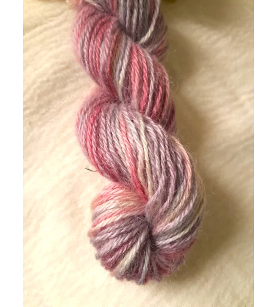 hand dyed yarn, mohair yarn, non synthetic yarn, pink yarn, purple yarn.