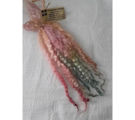 Watermelon pink/orange/green Masham Curly wool Locks, approx 9 - 13" 10g bunch
