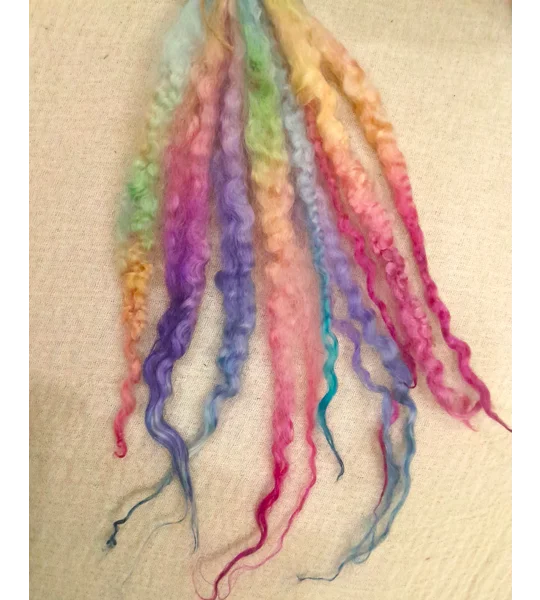 rainbow wool, felting wool, rainbow locks, spinning, weaving, wet felting, needle felting supplies, fibre art supplies, rainbow fibres, rainbow doll hair, doll hair supplies