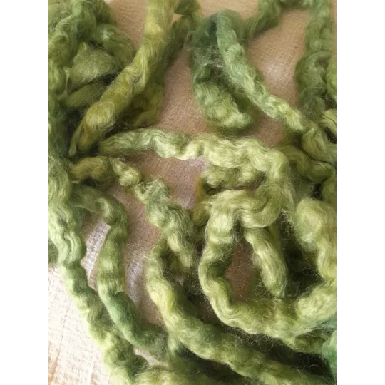 green roving, green mohair, mohair for felting, mohair for weaving, mohair for spinning, carded mohair, hand dyed mohair