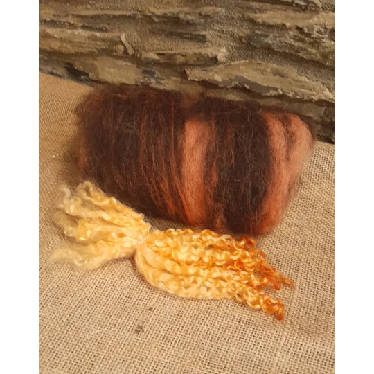 Black Brown and Orange Carded Art Batt 30g with 10g bunch of orange teeswater locks
