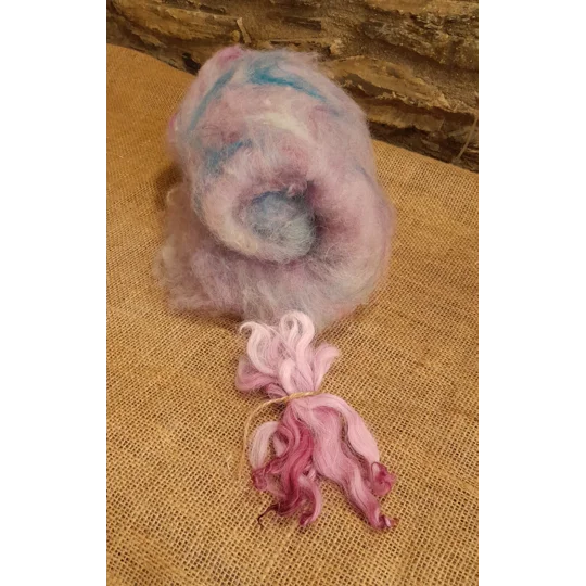 Fairy Dreams - Pink purple and Blue Carded Art Batt 30g with 10g pink Devon and Cornwall locks