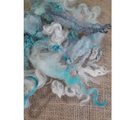 Mixed breeds curly wool, "Winter Wonderland" blue white silver cream grey for needle felting 10g