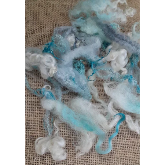 Mixed breeds curly wool, "Winter Wonderland" blue white silver cream grey for needle felting 10g