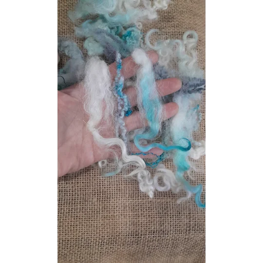 Mixed breeds curly wool, "Winter Wonderland" blue white silver cream grey for needle felting 10g
