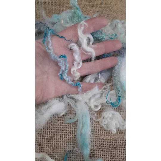 Mixed breeds curly wool, "Winter Wonderland" blue white silver cream grey for needle felting 10g