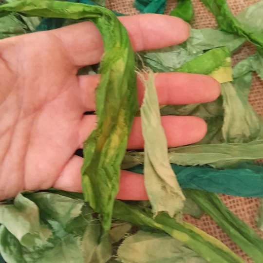 Recycled Sari Silk Ribbon remnants, pieces total 1 meter Hand Dyed in mixed green tones
