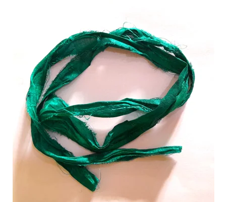 Recycled Sari Silk Ribbon 1 meter Hand Dyed in Fern Green Mixed Tones