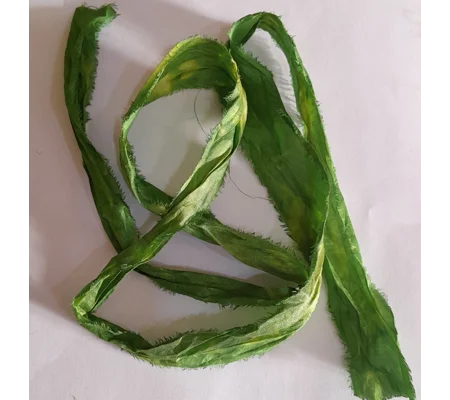 Recycled Sari Silk Ribbon 1 meter Hand Dyed in Bright and Light Green Mixed Tones