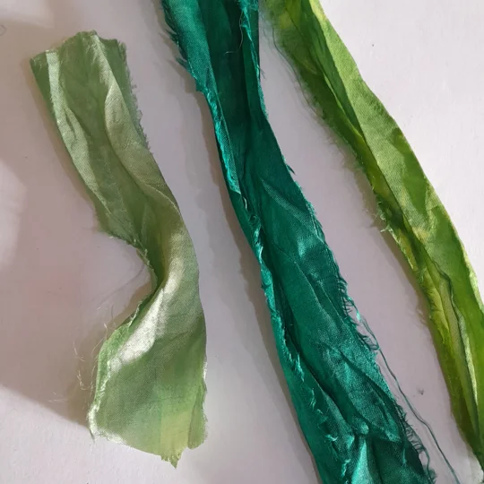 Recycled Sari Silk Ribbon remnants, pieces total 1 meter Hand Dyed in mixed green tones