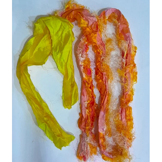 sari silk, silk for crafting, silk ribbon, multicolour ribbon, remnants, silk remnants, orange ribbon, yellow ribbon