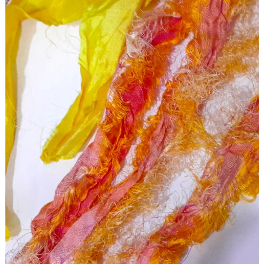 sari silk, silk for crafting, silk ribbon, multicolour ribbon, remnants, silk remnants, orange ribbon, yellow ribbon