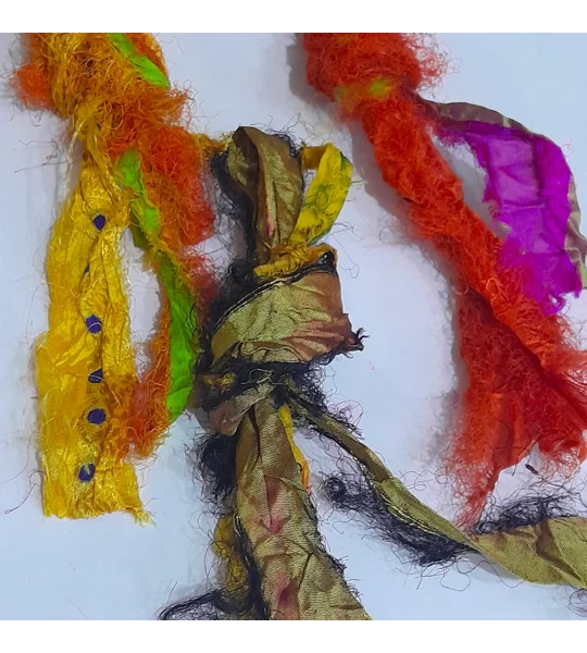 sari silk, silk for crafting, silk ribbon, multicolour ribbon, remnants, silk remnants