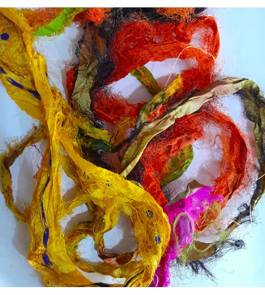 sari silk, silk for crafting, silk ribbon, multicolour ribbon, remnants, silk remnants