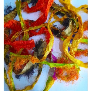 sari silk, silk for crafting, silk ribbon, multicolour ribbon, remnants, silk remnants