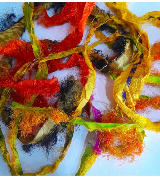 sari silk, silk for crafting, silk ribbon, multicolour ribbon, remnants, silk remnants