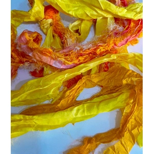 sari silk, silk for crafting, silk ribbon, multicolour ribbon, remnants, silk remnants, orange ribbon, yellow ribbon
