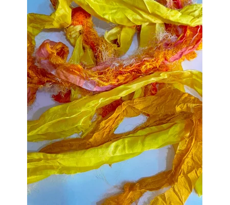 Flaming - Recycled Sari Silk Ribbon remnants, pieces total 1 meter, oranges yellows red pinks