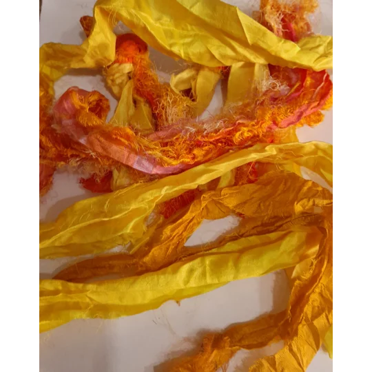 sari silk, silk for crafting, silk ribbon, multicolour ribbon, remnants, silk remnants, orange ribbon, yellow ribbon