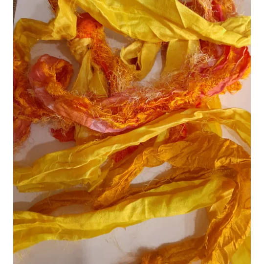 sari silk, silk for crafting, silk ribbon, multicolour ribbon, remnants, silk remnants, orange ribbon, yellow ribbon