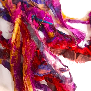 sari silk, bright silk, silk ribbon, sari silk ribbon, remnants, wet felting, nuno felting