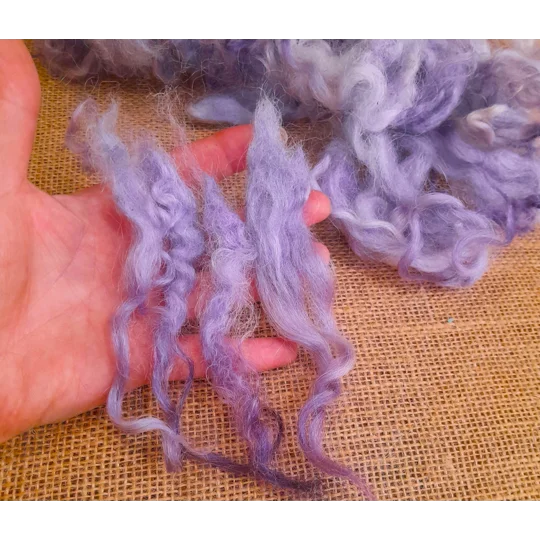 Soft silver blue and purple Valais Blacknose fleece curls for needle felting, weaving and textile art project