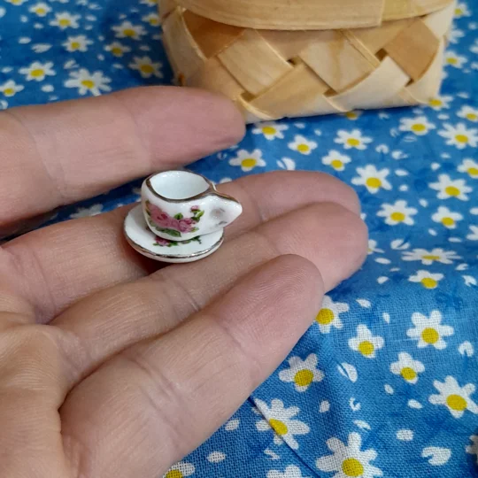 miniature tea set, tea for two set,miniature china tea cup, miniature plates, miniature picnic basket