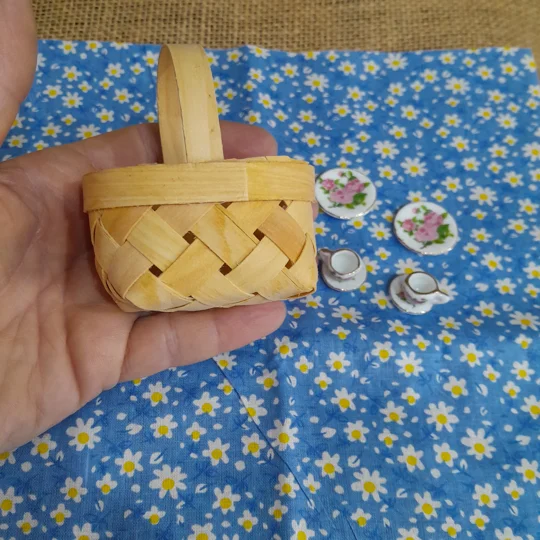 miniature tea set, tea for two set,miniature china tea cup, miniature plates, miniature picnic basket
