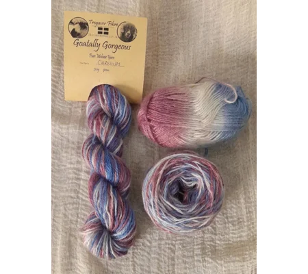 Goatally Gorgeous Pure Mohair Yarn, Hand Dyed in Carnival blue/cream/pink/purple tones (v)