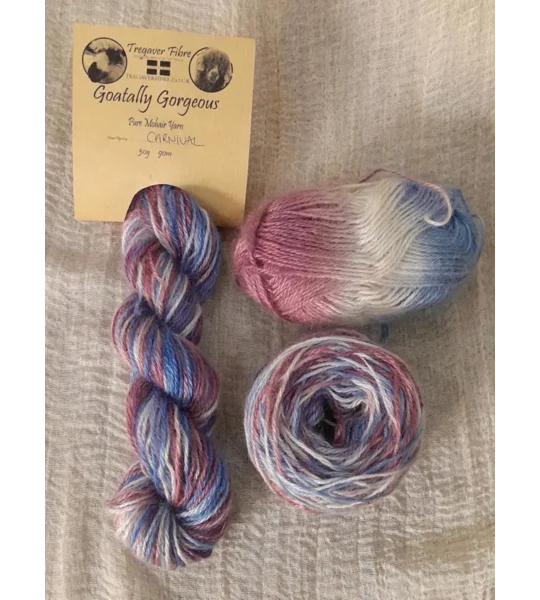 Goatally Gorgeous Pure Mohair Yarn, Hand Dyed in Carnival blue/cream/pink/purple tones (v)