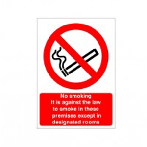 No Smoking its against the law to smoke in these premises except in designated rooms Sign - 150mm x 200mm