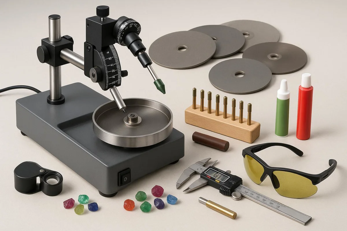 Safety equipment and tools for a gemstone faceting workshop