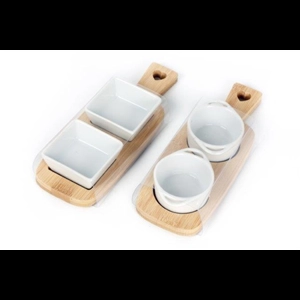 Set of 2 White Ceramic Dishes with Bamboo Tray