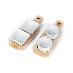Set of 2 White Ceramic Dishes with Bamboo Tray