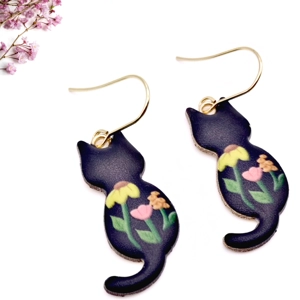 Black Cat Floral Earrings