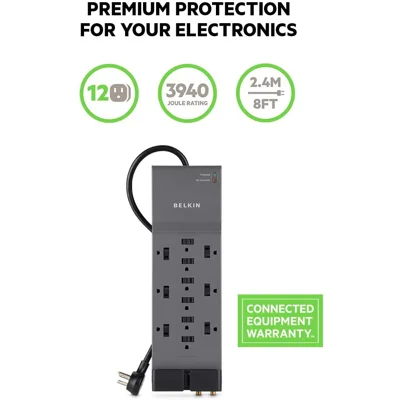 Belkin Power Strip Surge Protector - 12 AC Multiple Outlets & 8 ft Long Flat Plug Heavy Duty Extension Cord for Home, Office, Travel, Computer Deskt