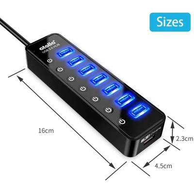 Powered USB Hub 3.0, Atolla 7-Port USB Data Hub Splitter with One Smart Charging Port and Individual On/Off Switches and 5V/4A Power Adapter
