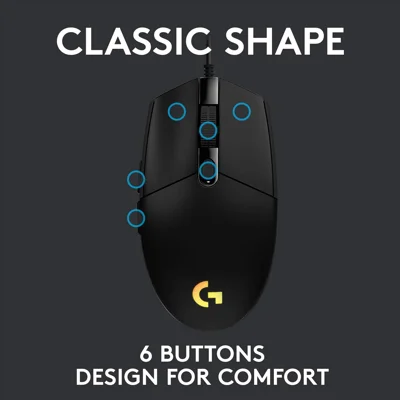 Logitech G203 Wired Gaming Mouse, 8,000 DPI, Rainbow Optical Effect LIGHTSYNC RGB, 6 Programmable Buttons, On-Board Memory, Screen Mapping, PC/Mac