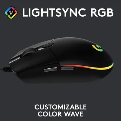 Logitech G203 Wired Gaming Mouse, 8,000 DPI, Rainbow Optical Effect LIGHTSYNC RGB, 6 Programmable Buttons, On-Board Memory, Screen Mapping, PC/Mac