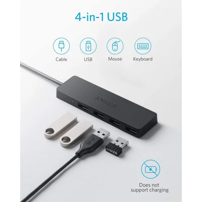 Anker 4-Port USB 3.0 Hub, Ultra-Slim Data USB Hub with 2 ft Extended Cable [Charging Not Supported], for MacBook, Mac Pro, Mac mini, iMac,PC