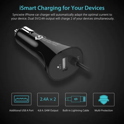 Syncwire iPhone Car Charger - Upgrade [Apple MFI Certified] 4.8A/24W Car Charging Adapter with Built-in Coiled Lightning Cable for Apple iPhone 13/1