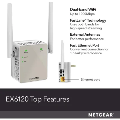 NETGEAR Wi-Fi Range Extender EX6120 - Coverage Up to 1500 Sq Ft and 25 Devices with AC1200 Dual Band Wireless Signal Booster & Repeater (Up to 1200M