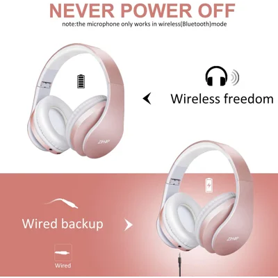 Bluetooth Headphone Over-Ear, Zihnic Foldable Wireless and Wired Stereo Headset Micro SD/TF, FM for Cell Phone,PC,(Rose Gold)