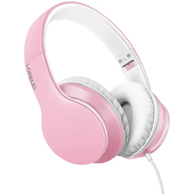 LORELEI X6 Over-Ear Headphone with Microphone, Lightweight Foldable & Portable Stereo Bass Headphones Wired Headphones (Pearl Pink)