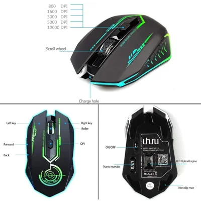 Wireless Gaming Mouse Up to 10000 DPI, UHURU Rechargeable USB Wireless Mouse with 6 Buttons 7 Changeable LED Color Ergonomic Programmable MMO RPG fo