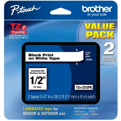 Brother Genuine P-touch, TZe-231 2 Pack Tape (TZE2312PK) ½”(0.47”) x 26.2 ft. (8m) 2-Pack Laminated P-Touch Tape, Black on White, Perfect for Indoor