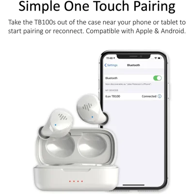 iLuv TB100 Wireless Earbuds, Bluetooth,20 Hour Playtime, IPX6 Waterproof Protection,Includes Compact Charging Case and 3 Ear Tips, White